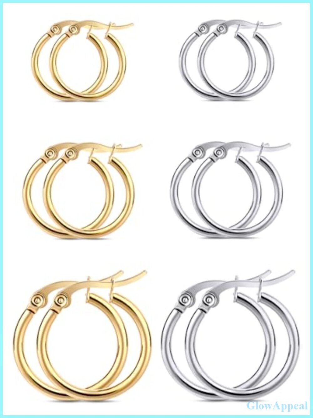 6 Pairs Hypoallergenic Stainless Steel Hoop Earrings Set, 14K Gold Plated,